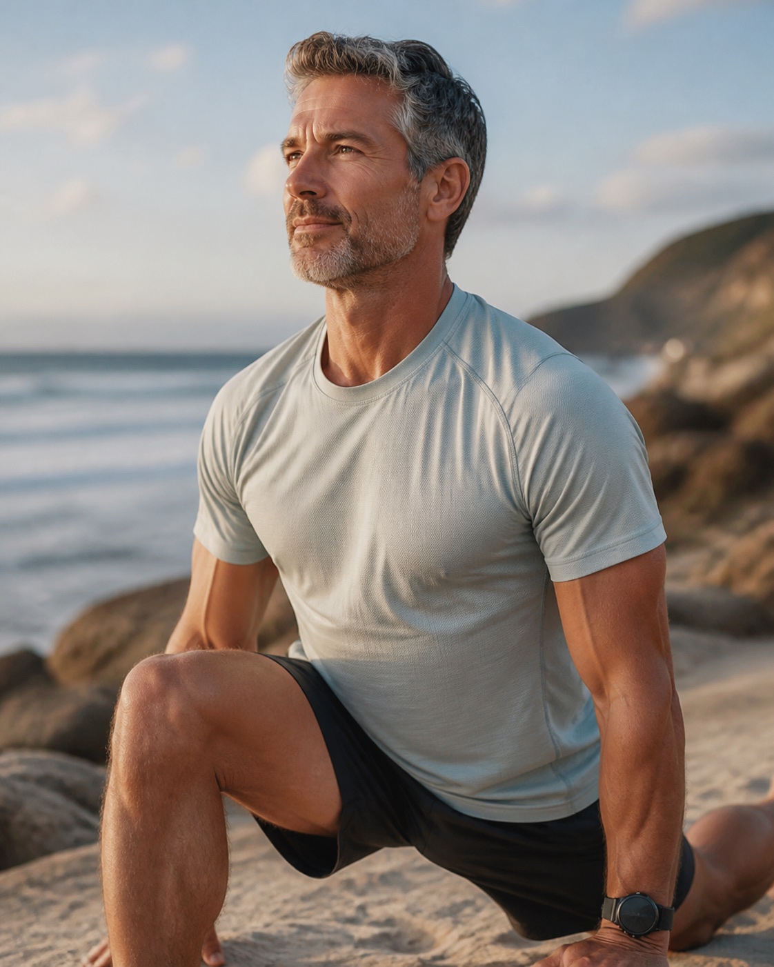 Man in athletic clothing near the ocean.
