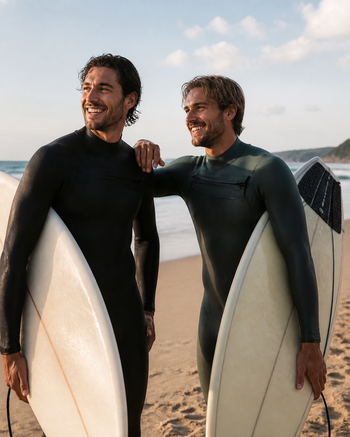 Two men holding surfboards on a beach.
