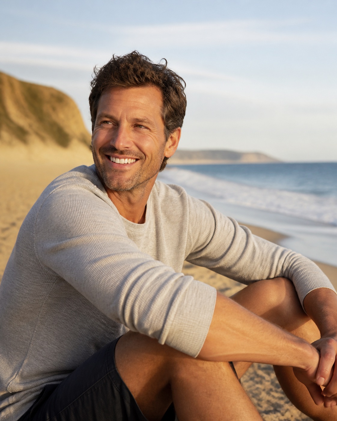 Smiling man seated on a beach.